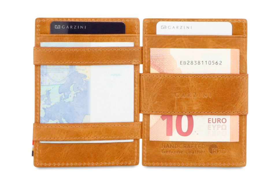 Garzini RFID Leather Magic Coin Wallet Card Sleeve Brushed-Cognac